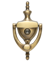 Solid Brass Traditional Door Knocker With Eye Viewer, Brass Accents A07-K6551