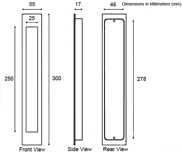 Extra Long Stainless Steel Flush Pull  Dimensions