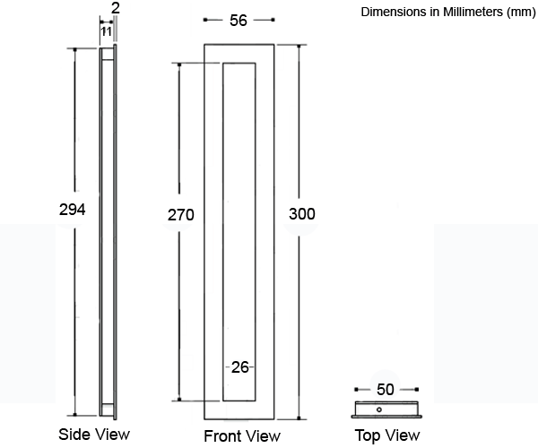Long Stainless Steel Flush Pull  Dimensions